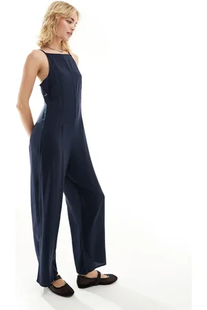Monki Wide leg jumpsuit with square neck in navy