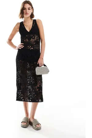MANGO Crochet v neck midi dress in