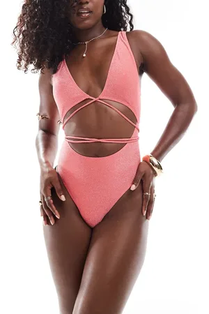 South Beach Glitter cut out wrap front swimsuit in watermelon