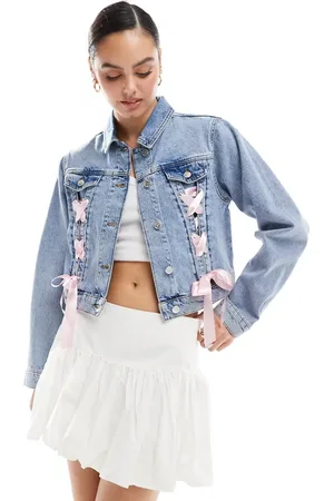 Miss Selfridge Satin ribbon tie detail denim girlfriend jacket in mid wash