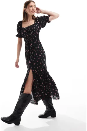 Miss Selfridge Corset detail tiered maxi dress in black ditsy print