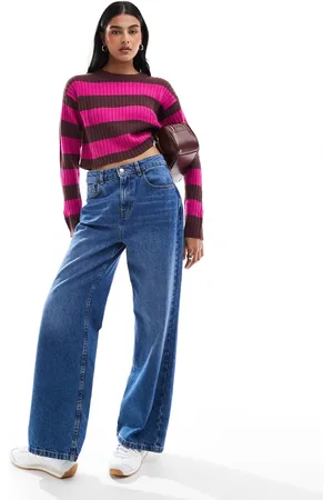 JJXX Cropped boxy stripe ribbed jumper in burgundy & pink