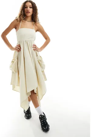COLLUSION Cotton utility babydoll midi dress with hanky hem in stone