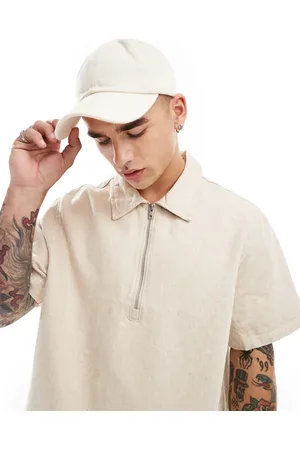 Weekday Dejan heavyweight linen short sleeve polo zip shirt in beige