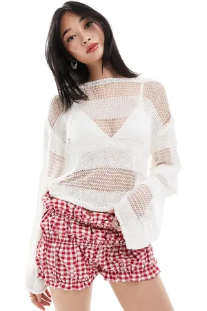 Monki Long sleeve loose knitted top with sheer stripes in off