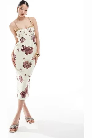 ASOS Cupped panelled linen midi pencil dress with cut out detail in floral print