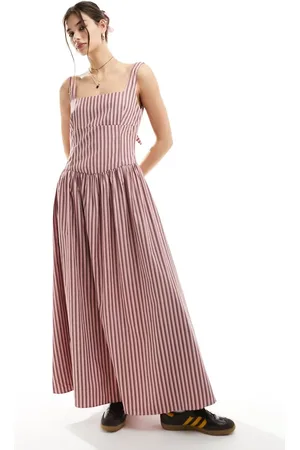 Glamorous Drop waist square neck full skirt maxi dress in brown stripe