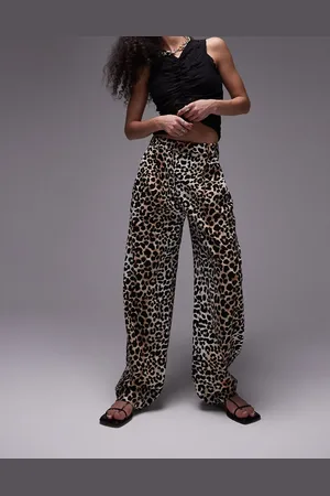 Topshop Leopard print linen pleated wide leg trouser in