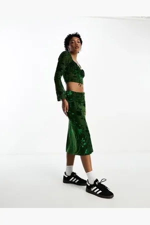 Sisters of the Tribe Velvet devore midi skirt co-ord in forest