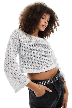 Pieces® Festival two tone crochet wide sleeve top with in metallic