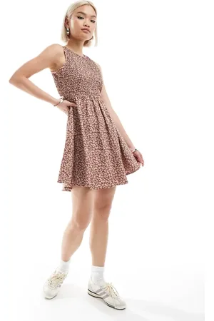 Daisy Street Shirred mini tea dress in brown pink ditsy