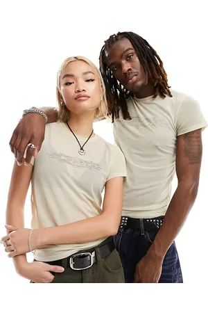 Weekday Unisex Conan fitted mesh t-shirt with rhinestone graphic in beige exclusive to ASOS