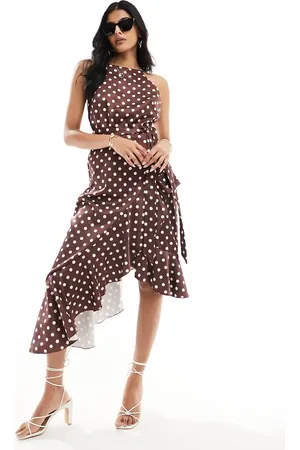 Style Cheat Halter neck cami midi dress with tie waist in brown spot