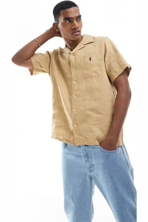 Ralph Lauren Icon logo short sleeve linen shirt classic oversized fit in khaki tan CO-ORD