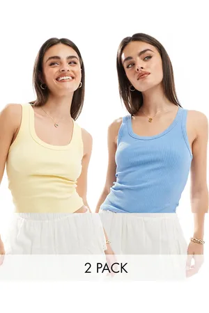 Stradivarius Ribbed tank top 2 pack in blue and buttermilk yellow