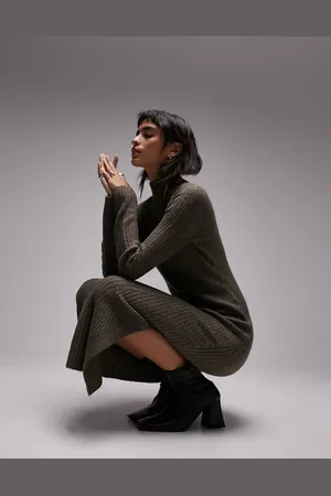 Topshop Knitted long sleeve shaped funnel midi dress in charcoal