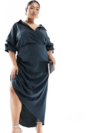 ASOS ASOS DESIGN Curve exclusive textured shirt midaxi dress with ruched skirt in charcoal