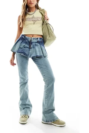 COLLUSION Y2K denim kilt trouser skirt in mid wash