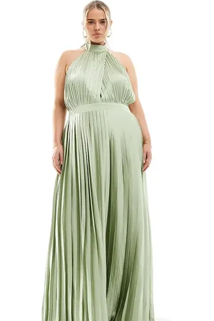 TFNC Bridesmaid satin pleated halter neck maxi dress with full skirt in sage