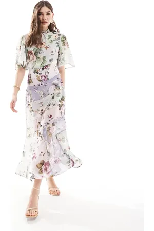 ASOS High neck 3/4 sleeve split midi dress in lilac floral print