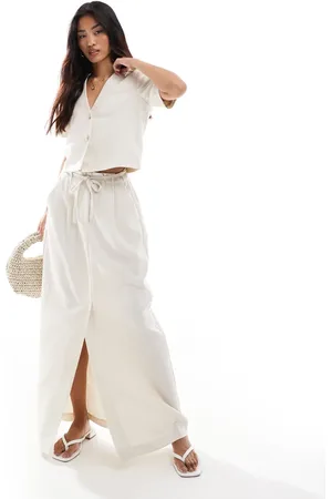VERO MODA Mix and match linen touch tie waist column maxi skirt with front split in beige