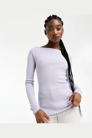 Weekday Ribbed long sleeve off shoulder longline top with side split detail in lavender