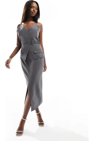 Kaiia Tailored buckle detail cami midaxi dress in charcoal
