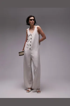 Topshop Textured button down jumpsuit in linen stripe