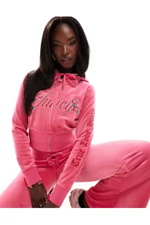 Juicy Couture Velour rose logo zip through hoodie co-ord in hot