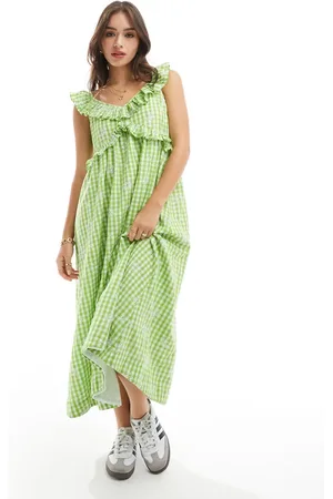 Y.A.S Y.A.S frill midi sundress with smock back in embroidered green gingham check