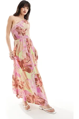 ASOS Shirred crinkle one shoulder maxi dress in floral smudge print