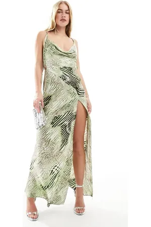 ASOS Satin cowl neck bias maxi dress with buckle detail and cut out in abstract leopard print