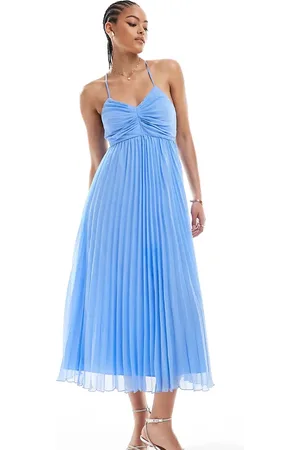 ASOS ASOS DESIGN Tall pleated bodice strappy pleat midi dress in cornflower