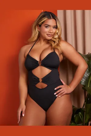Wolf & Whistle X Natalie Gessey Fuller Bust halter neck cut out swimsuit in with gold details