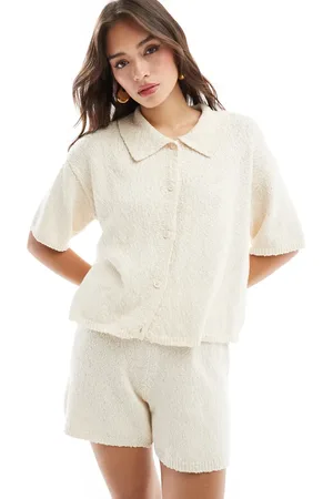 Pieces® Knitted button through top co-ord in cream