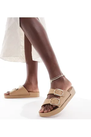London Rebel Double buckle footbed sandals in beige