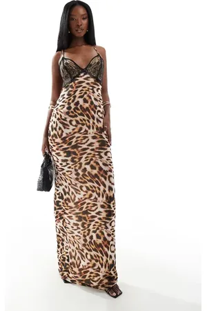ASOS Strappy lace mix maxi dress with cross back in leopard print