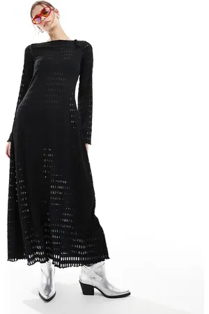 Monki Open knitted pointelle beach maxi dress with long sleeves and open back in