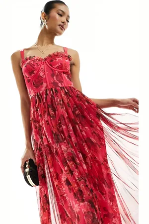 Lace & Beads Corset tulle midi dress in and red floral