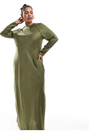 ASOS ASOS DESIGN Curve satin biased maxi dress with button detail in khaki