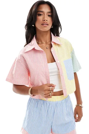 Extro & Vert Petite Patchwork shirt co-ord in pastel stripe