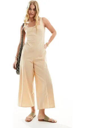 ASOS Linen tie back cropped jumpsuit in stone
