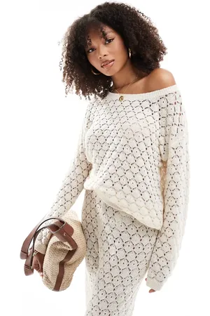 VILA Crochet boatneck jumper co-ord in cream