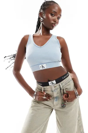 Calvin Klein Label washed rib crop v-neck top in