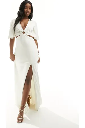 Abercrombie & Fitch Satin cut out maxi dress with angel sleeves in
