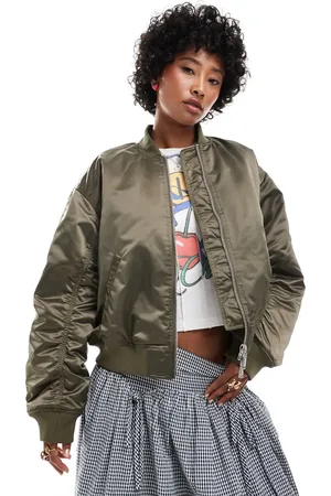 Monki Satin bomber jacket with front welt pockets in khaki with pink lining