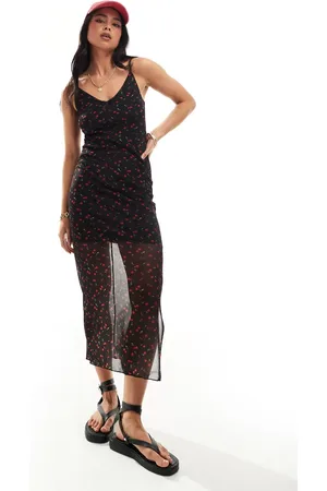 New Look Mesh strappy midi dress in cherry