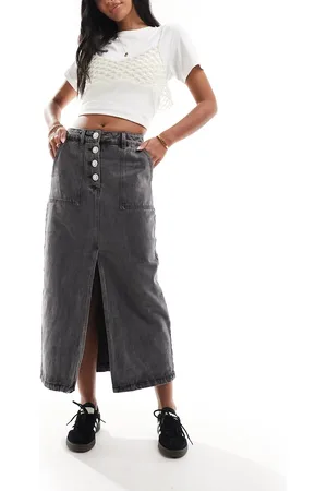Y.A.S Y.A.S denim midi skirt with split front and jewel buttons in washed