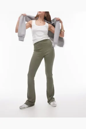 Topshop Skinny rib flared trouser in khaki