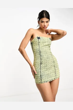 KYÒ The Brand denim bandeau diamante mini dress in khaki